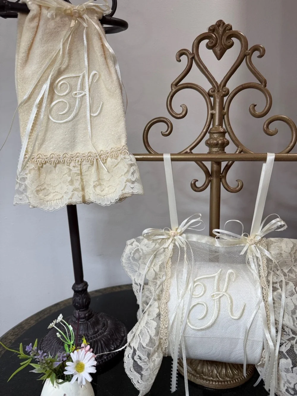 Hand Crafted Cream Lace K Monogram Hand Towel & Toilet Paper Holder
